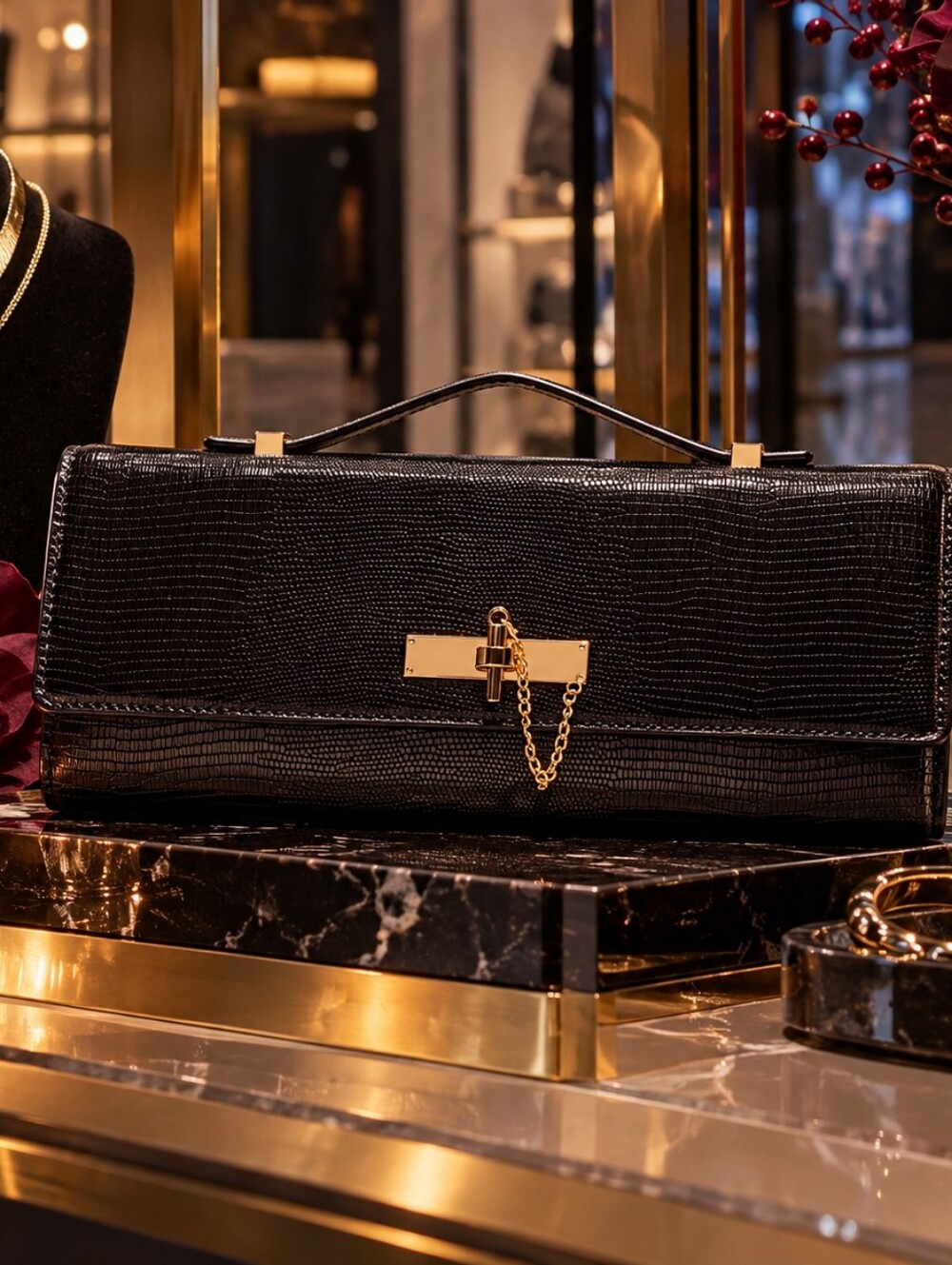 Aldo Black Textured Leatherette Chain-Accent Clutch